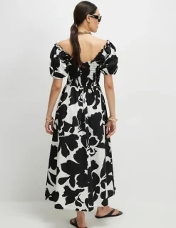 Pure Cotton Floral Midi Shirred Dress
