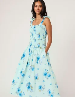Pure Cotton Floral Midi Shirred Dress