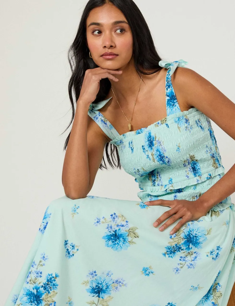 Pure Cotton Floral Midi Shirred Dress