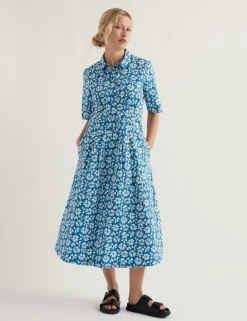 Pure Cotton Floral Midi Shirt Dress
