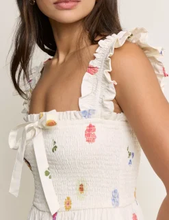 Pure Cotton Floral Midi Shirred Dress