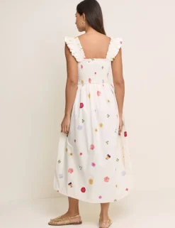 Pure Cotton Floral Midi Shirred Dress