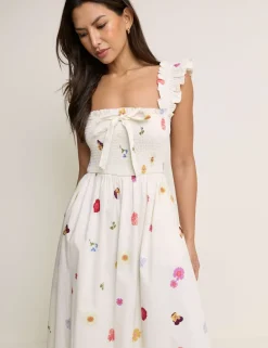 Pure Cotton Floral Midi Shirred Dress