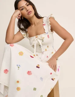 Pure Cotton Floral Midi Shirred Dress