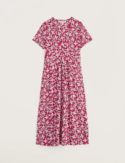 Pure Cotton Floral Midi Waisted Dress
