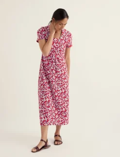 Pure Cotton Floral Midi Waisted Dress