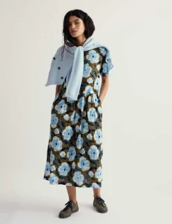 Pure Cotton Floral Midi Waisted Dress