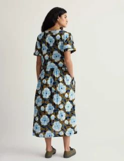 Pure Cotton Floral Midi Waisted Dress