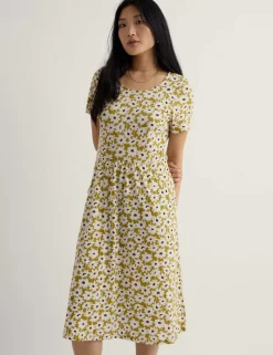 Pure Cotton Floral Midi Waisted Dress