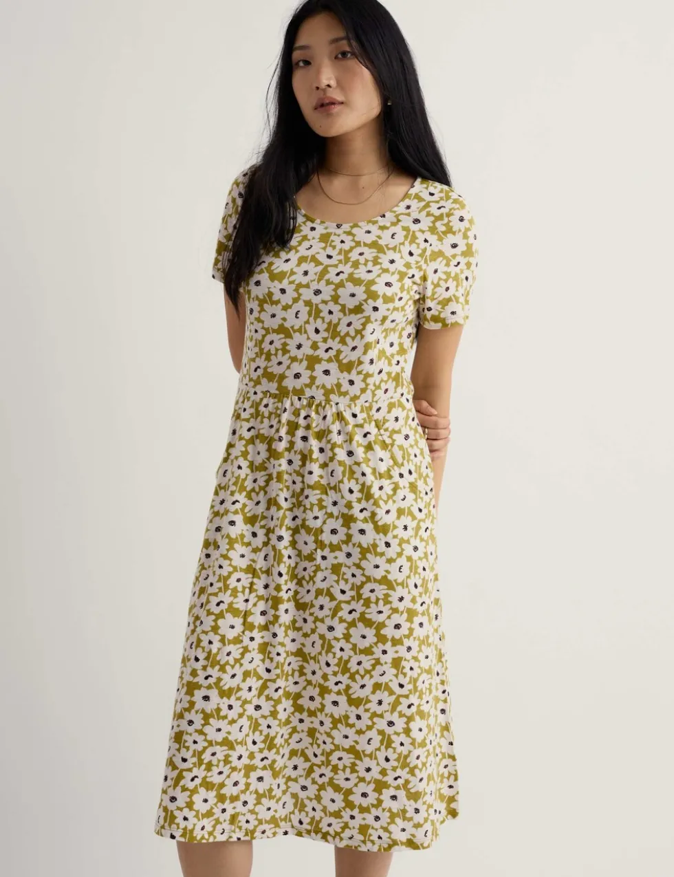 Pure Cotton Floral Midi Waisted Dress