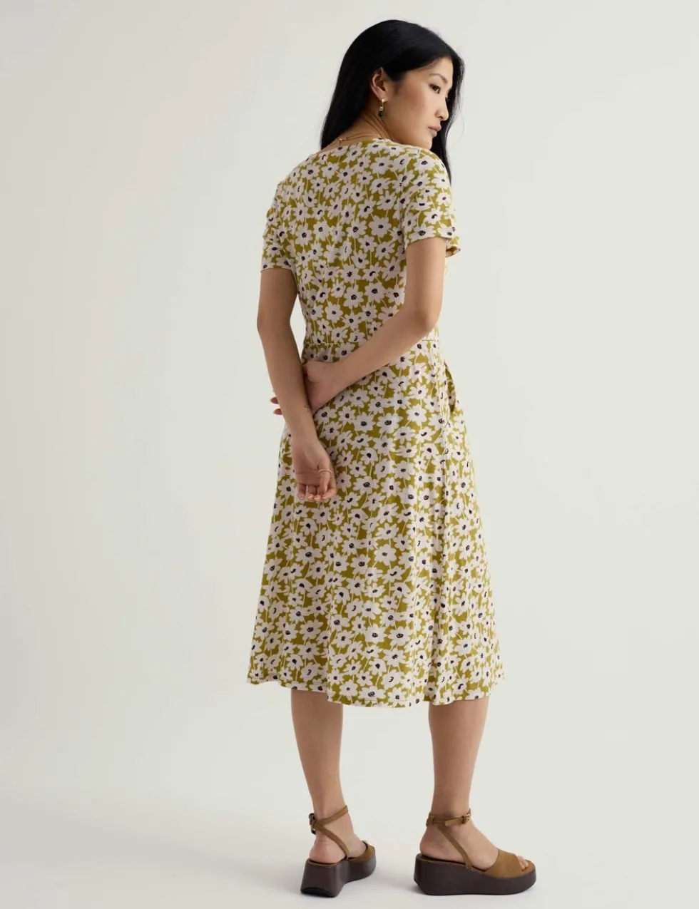 Pure Cotton Floral Midi Waisted Dress