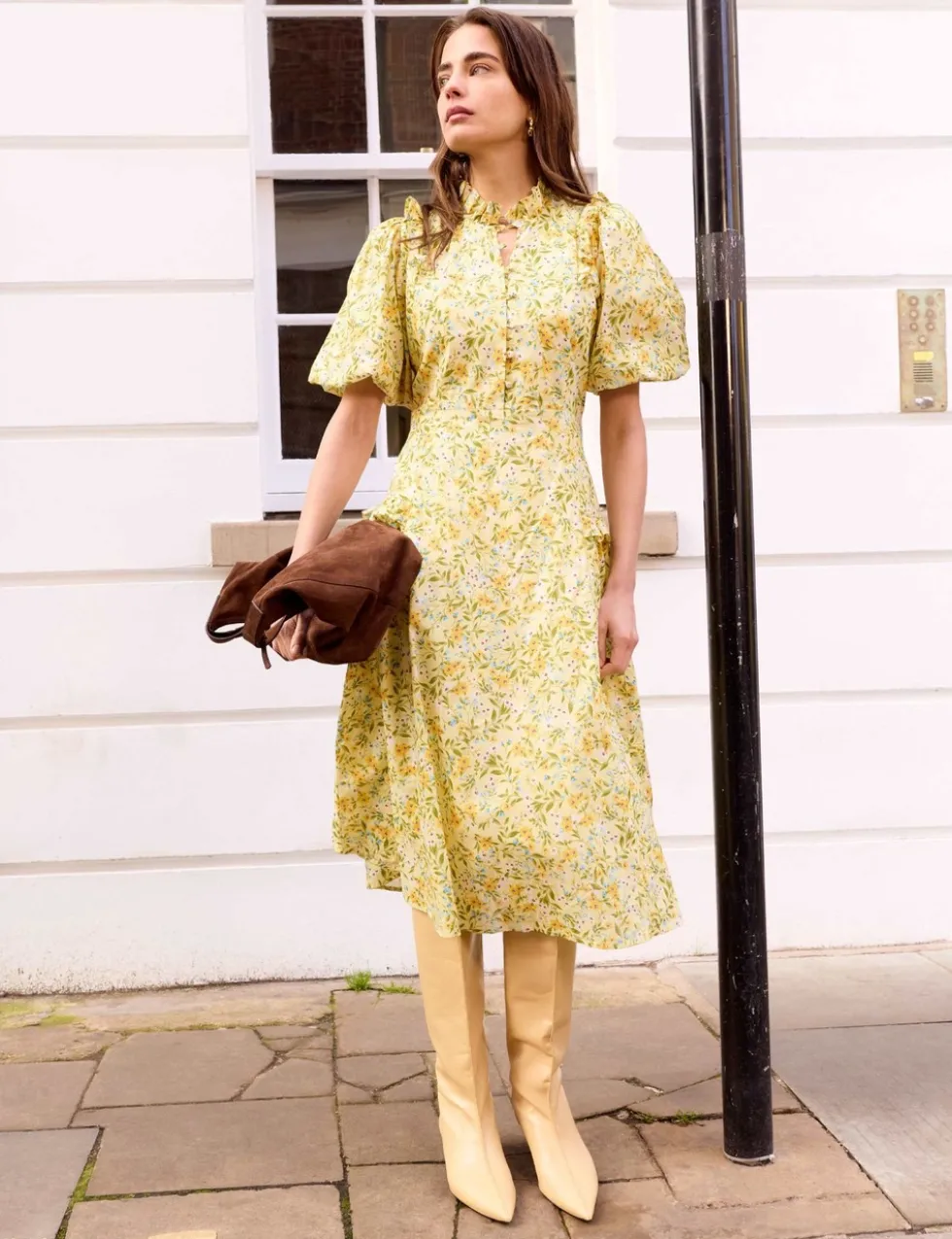 Pure Cotton Floral Puff Sleeve Midi Dress