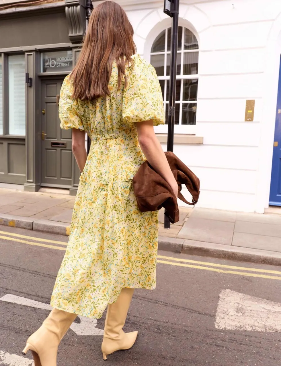 Pure Cotton Floral Puff Sleeve Midi Dress
