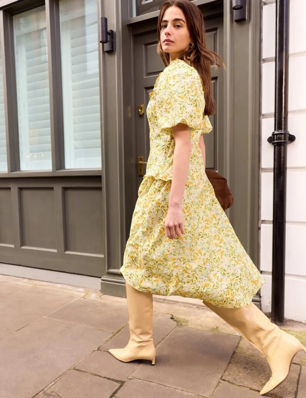 Pure Cotton Floral Puff Sleeve Midi Dress