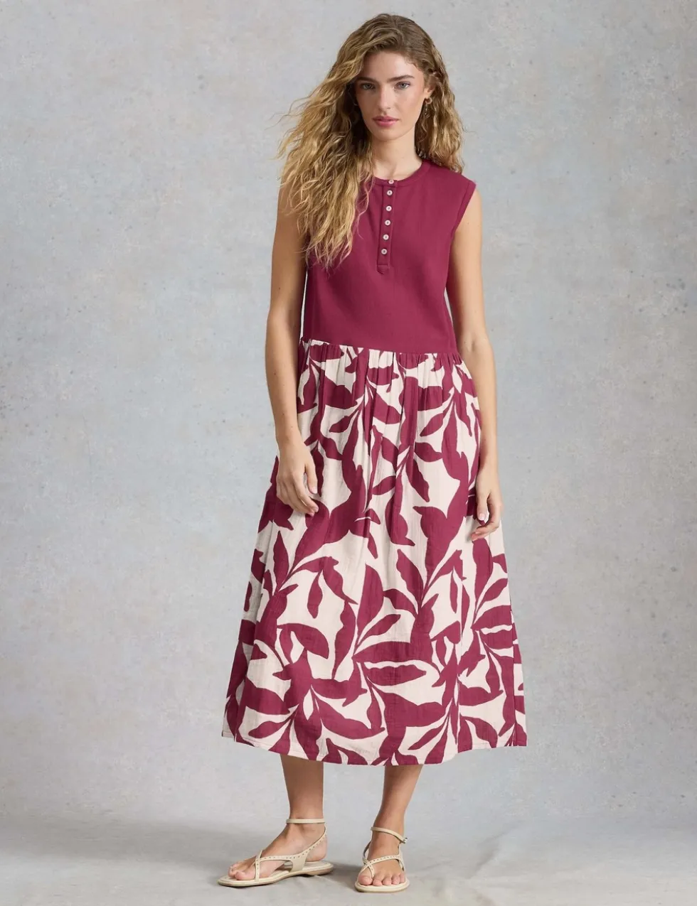 Pure Cotton Floral Round Neck Midi Waisted Dress