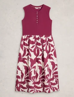 Pure Cotton Floral Round Neck Midi Waisted Dress