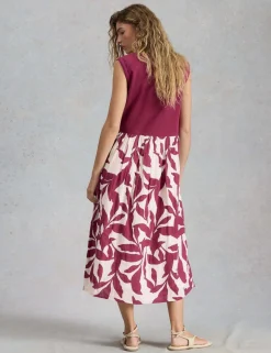 Pure Cotton Floral Round Neck Midi Waisted Dress