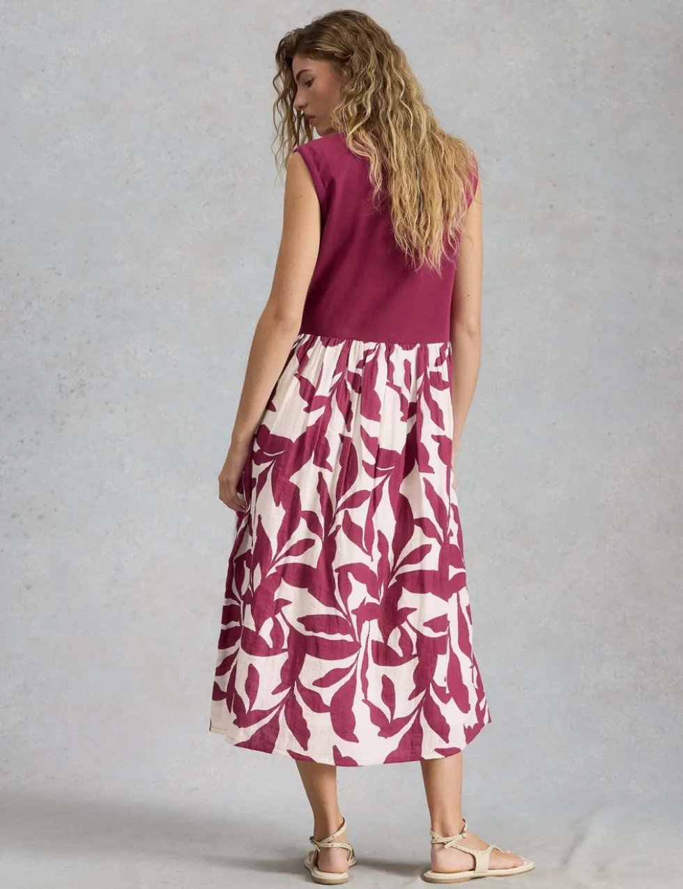 Pure Cotton Floral Round Neck Midi Waisted Dress