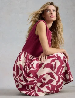 Pure Cotton Floral Round Neck Midi Waisted Dress