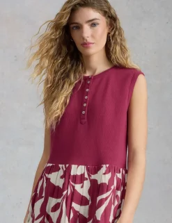 Pure Cotton Floral Round Neck Midi Waisted Dress