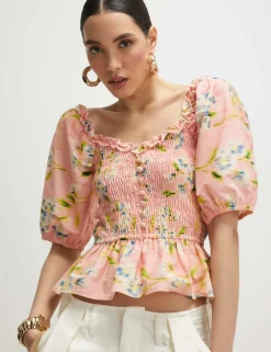 Pure Cotton Floral Shirred Puff Sleeve Top