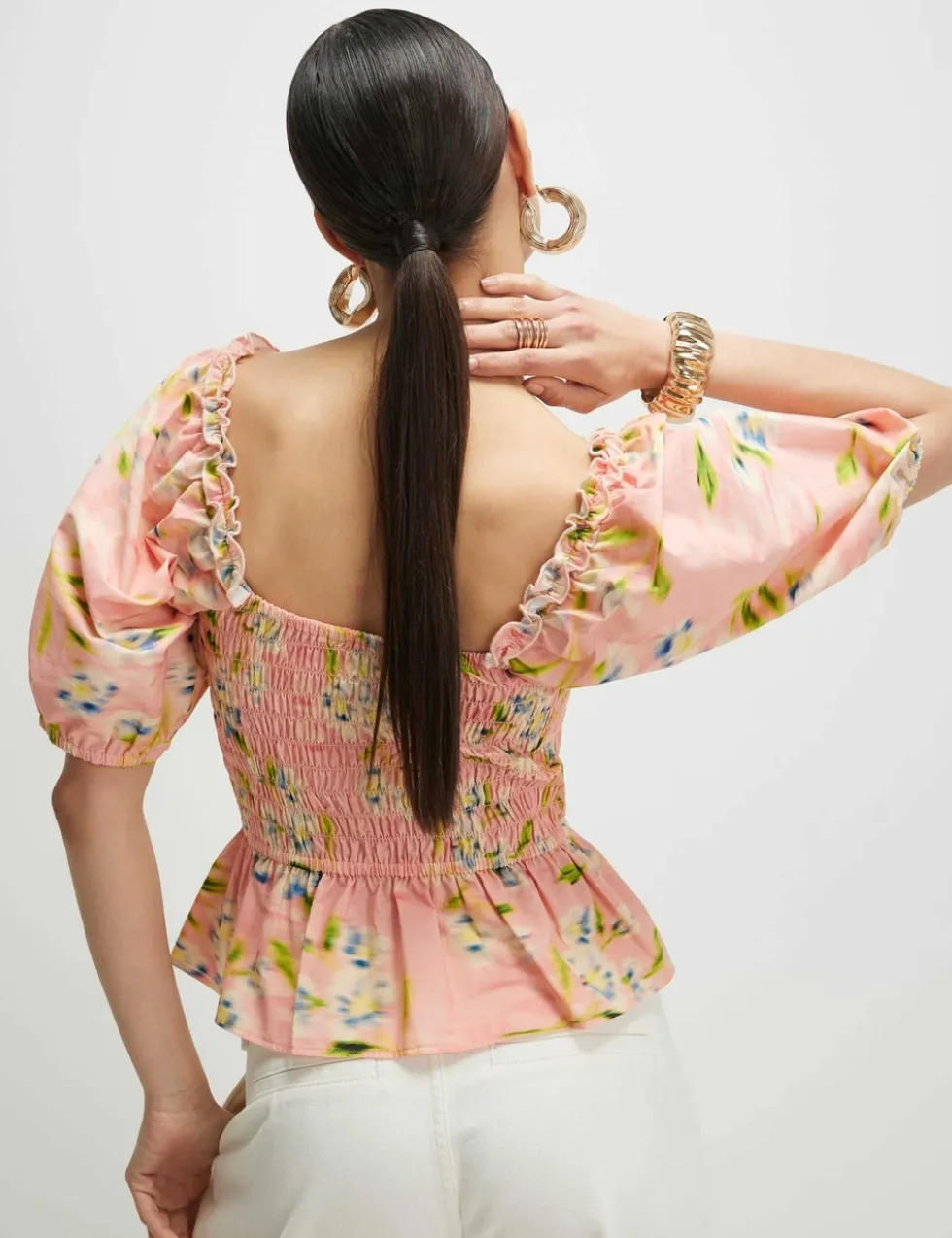 Pure Cotton Floral Shirred Puff Sleeve Top