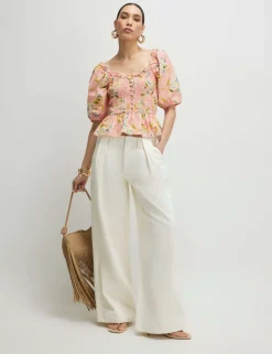 Pure Cotton Floral Shirred Puff Sleeve Top