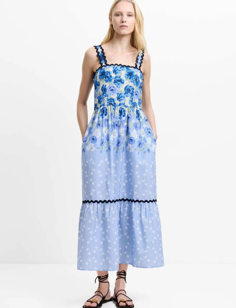 Pure Cotton Floral Square Neck Midaxi Dress