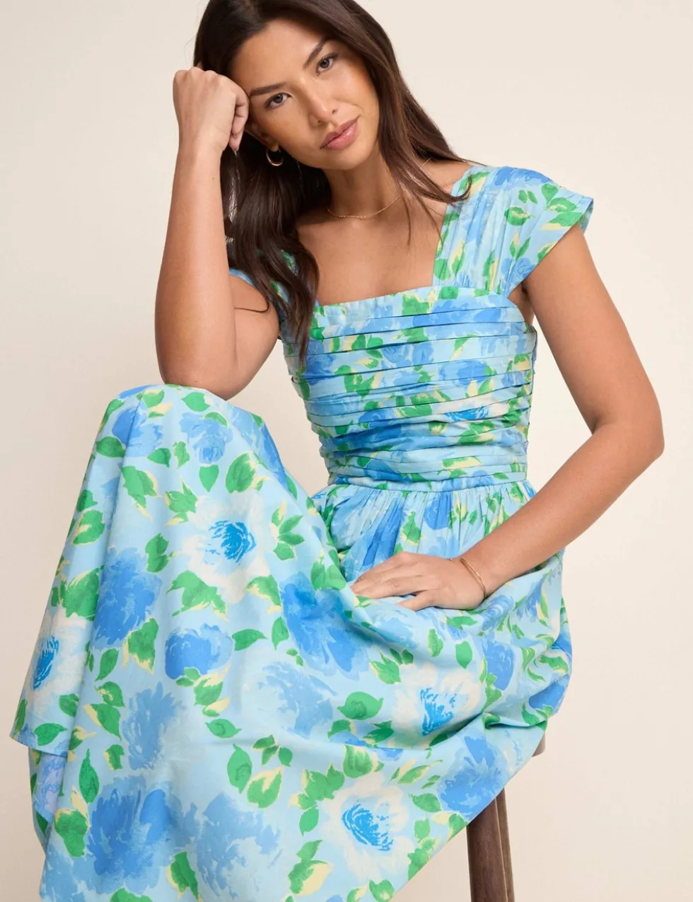 Pure Cotton Floral Square Neck Midaxi Dress
