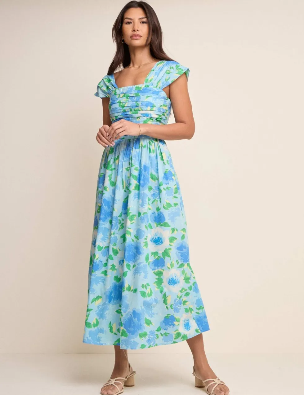 Pure Cotton Floral Square Neck Midaxi Dress