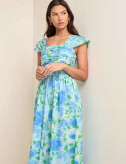 Pure Cotton Floral Square Neck Midaxi Dress