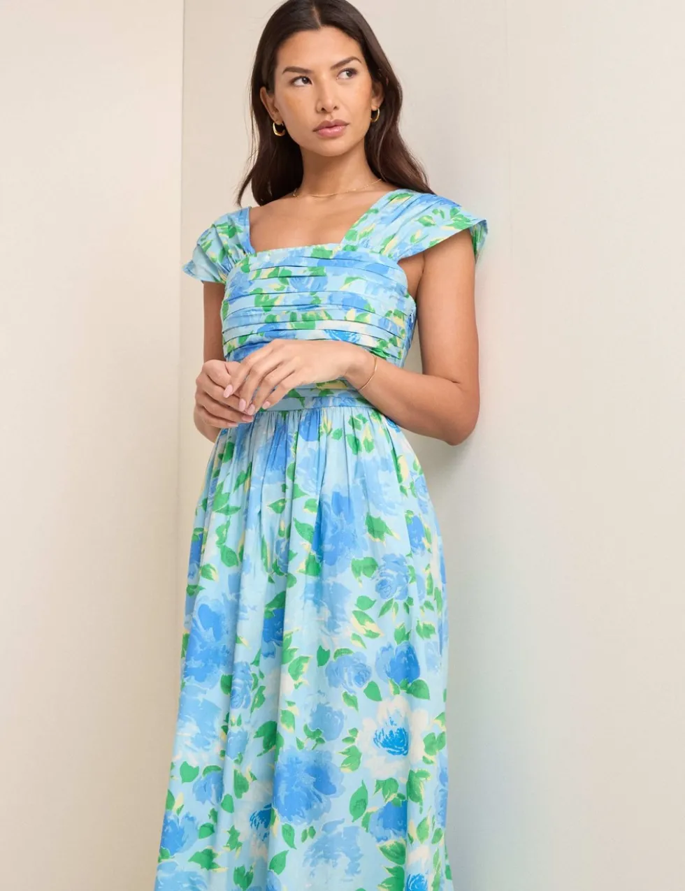 Pure Cotton Floral Square Neck Midaxi Dress