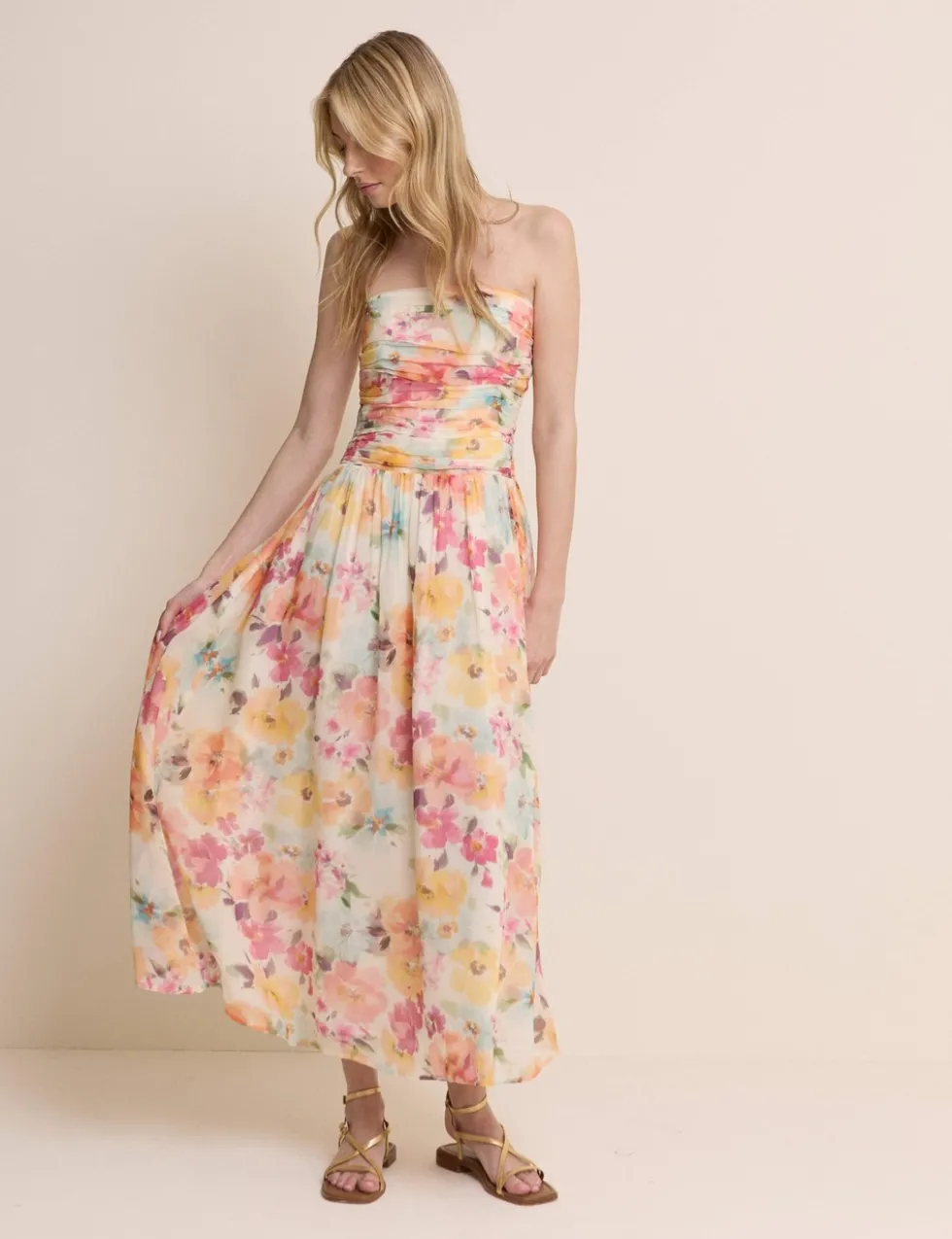 Pure Cotton Floral Strapless Midaxi Dress