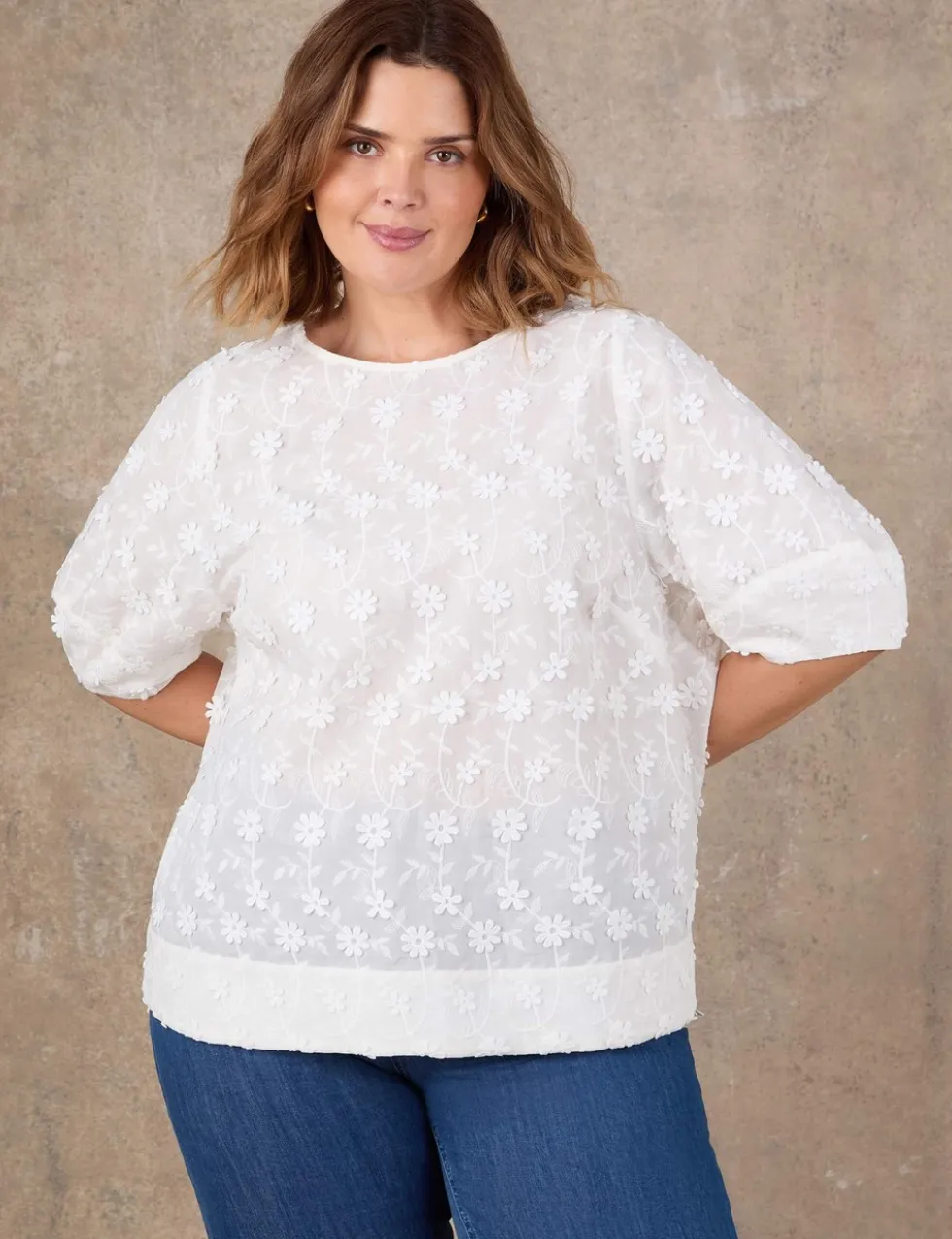 Pure Cotton Floral Tapered Sleeve Top