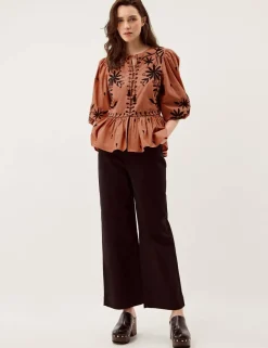 Pure Cotton Floral Tie Neck Blouse