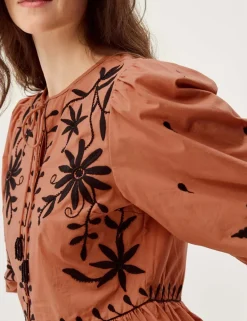 Pure Cotton Floral Tie Neck Blouse