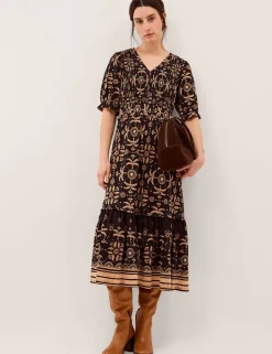 Pure Cotton Floral V-Neck Midi Waisted Dress