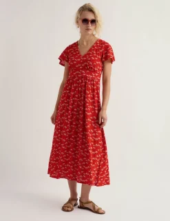 Pure Cotton Floral V-Neck Midi Waisted Dress