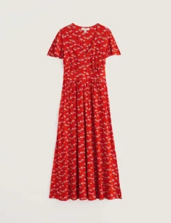 Pure Cotton Floral V-Neck Midi Waisted Dress