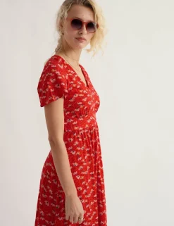 Pure Cotton Floral V-Neck Midi Waisted Dress