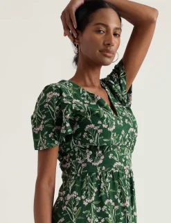 Pure Cotton Floral V-Neck Midi Waisted Dress