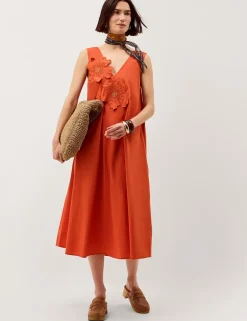 Pure Cotton Floral V-Neck Midi Swing Dress