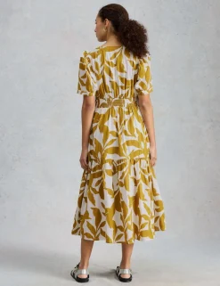 Pure Cotton Floral V-Neck Midi Tiered Dress