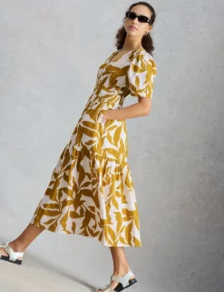 Pure Cotton Floral V-Neck Midi Tiered Dress