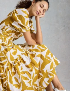 Pure Cotton Floral V-Neck Midi Tiered Dress