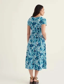 Pure Cotton Floral V-Neck Midi Waisted Dress