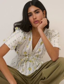 Pure Cotton Floral V-Neck Blouse