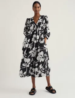 Pure Cotton Floral V-Neck Midi Smock Dress