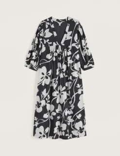 Pure Cotton Floral V-Neck Midi Smock Dress