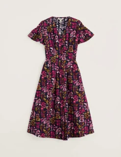 Pure Cotton Floral V-Neck Midi Tea Dress
